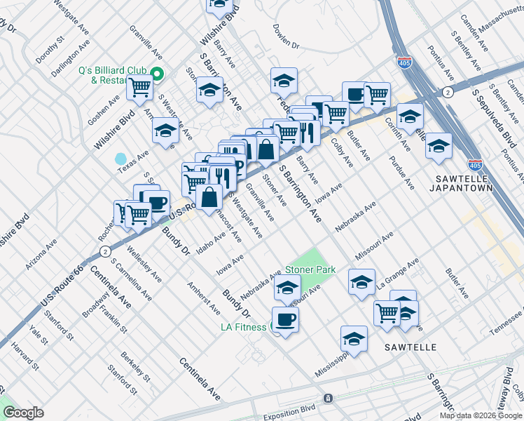 map of restaurants, bars, coffee shops, grocery stores, and more near 1625 Granville Avenue in Los Angeles