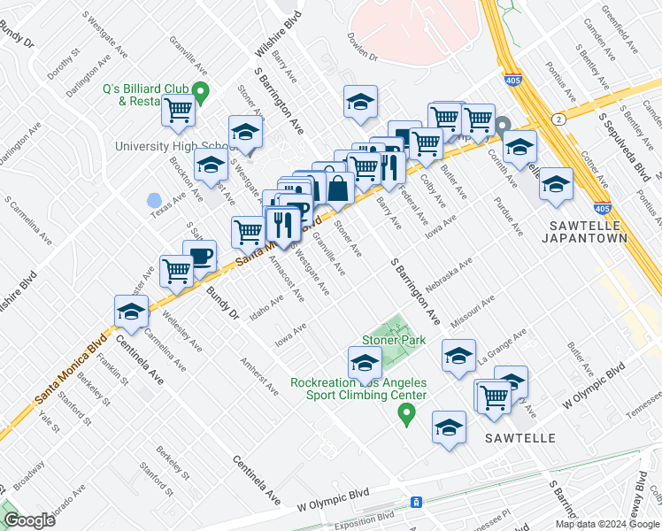 map of restaurants, bars, coffee shops, grocery stores, and more near 1623 Granville Avenue in Los Angeles