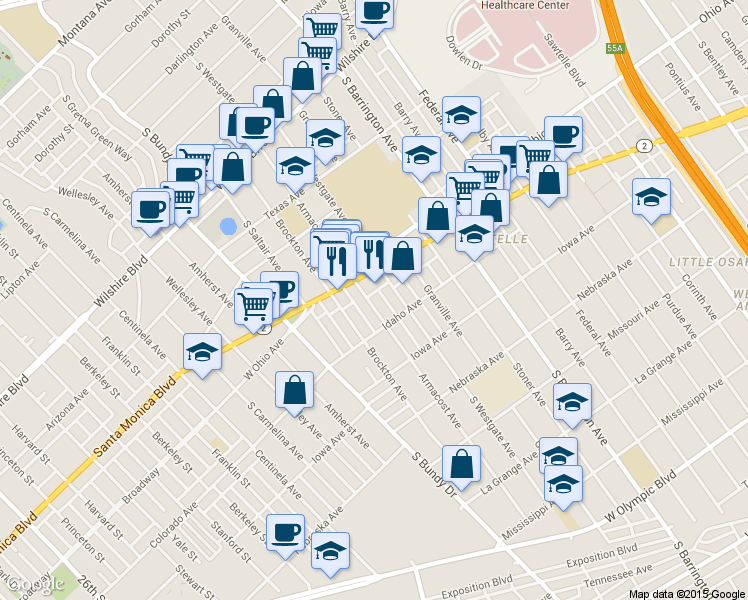 map of restaurants, bars, coffee shops, grocery stores, and more near 1530 Armacost Avenue in Los Angeles