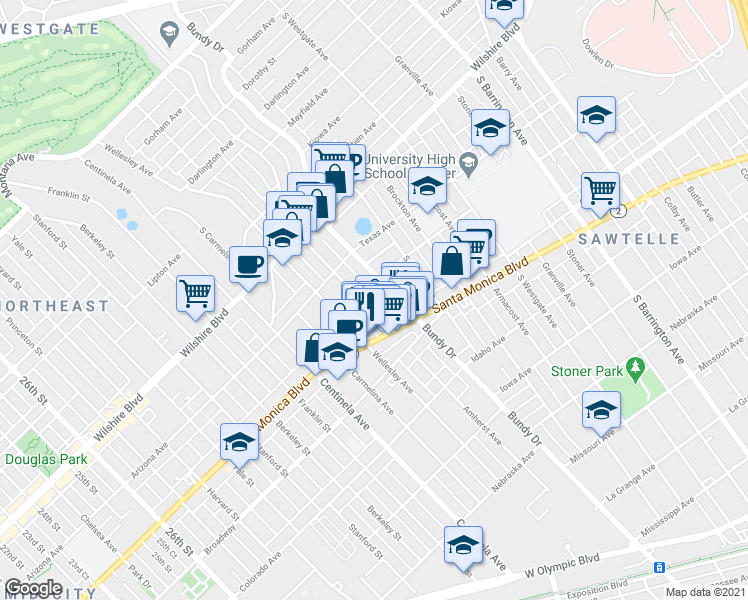 map of restaurants, bars, coffee shops, grocery stores, and more near 1408 Amherst Avenue in Los Angeles
