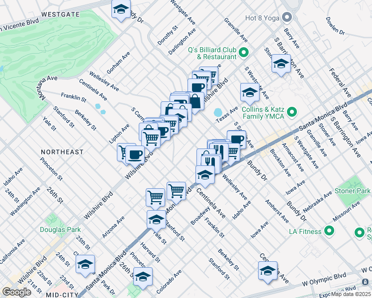 map of restaurants, bars, coffee shops, grocery stores, and more near 12323 Texas Avenue in Los Angeles