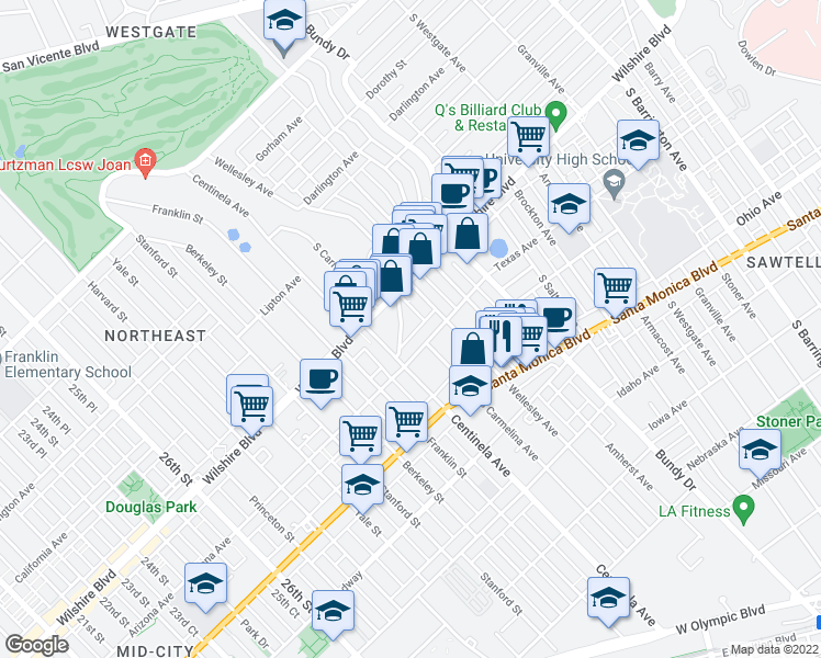 map of restaurants, bars, coffee shops, grocery stores, and more near 12323 Texas Avenue in Los Angeles