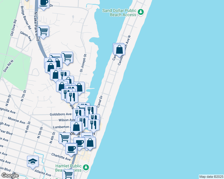map of restaurants, bars, coffee shops, grocery stores, and more near 606 Carolina Beach Avenue North in Carolina Beach