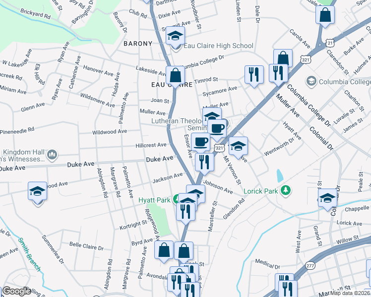 map of restaurants, bars, coffee shops, grocery stores, and more near 4017 Ensor Avenue in Columbia
