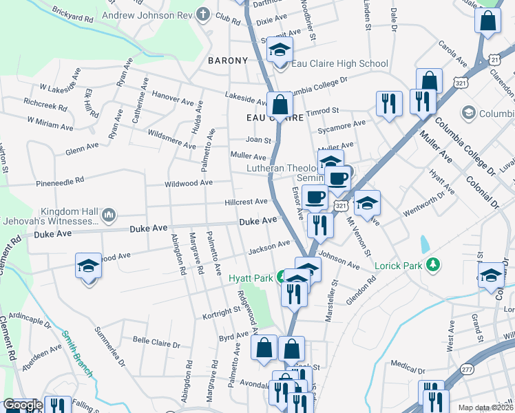 map of restaurants, bars, coffee shops, grocery stores, and more near 823 Duke Avenue in Columbia