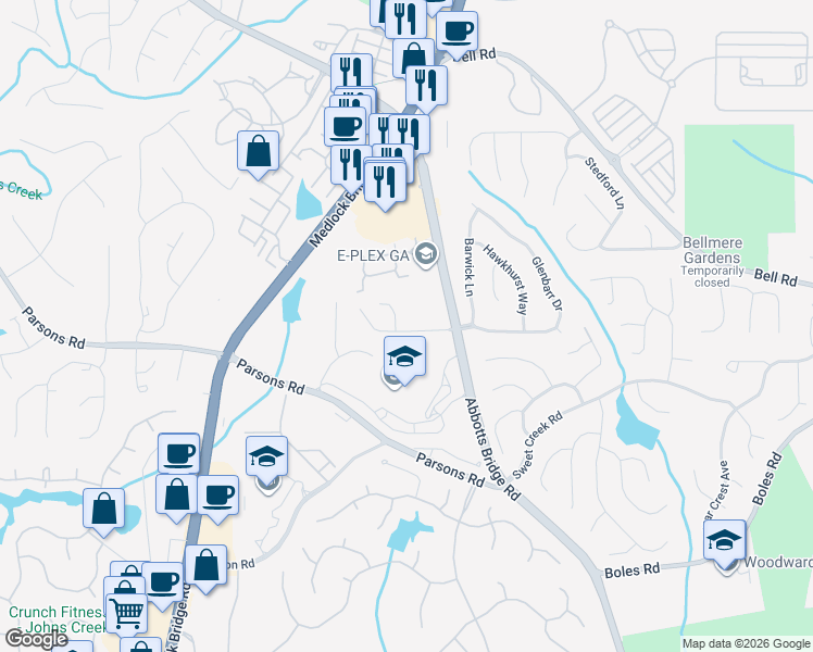 map of restaurants, bars, coffee shops, grocery stores, and more near 250 Abbotts Mill Drive in Duluth
