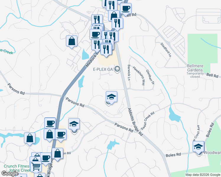 map of restaurants, bars, coffee shops, grocery stores, and more near 280 Abbotts Mill Drive in Duluth