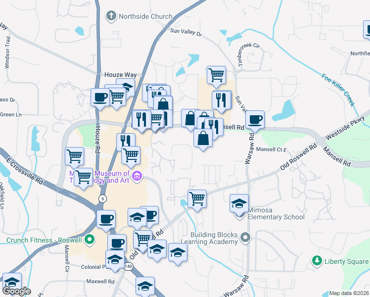 map of restaurants, bars, coffee shops, grocery stores, and more near 308 Roswell Commons Circle in Roswell