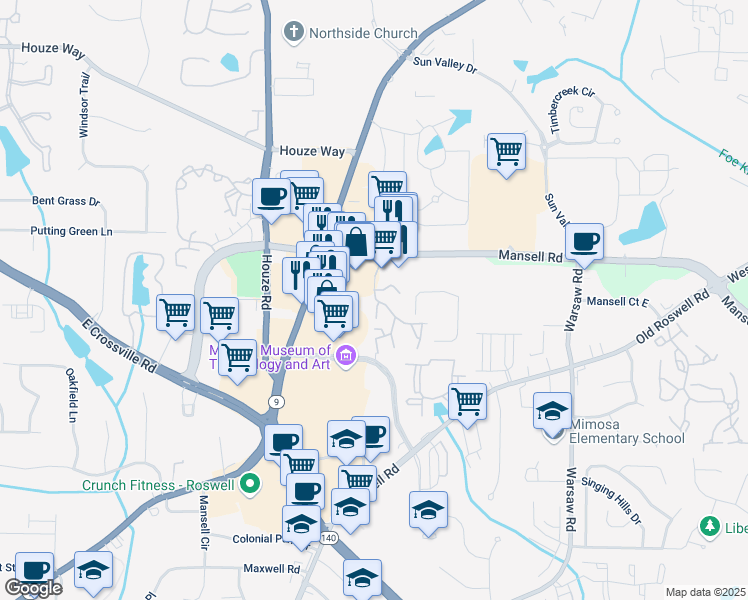 map of restaurants, bars, coffee shops, grocery stores, and more near 585 Eagles Crest Village Lane in Roswell