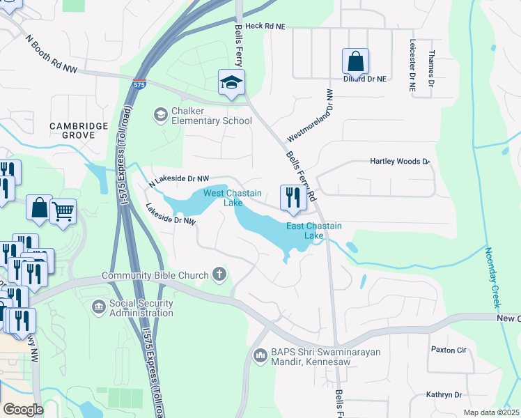 map of restaurants, bars, coffee shops, grocery stores, and more near 140 North Lakeside Drive Northwest in Kennesaw