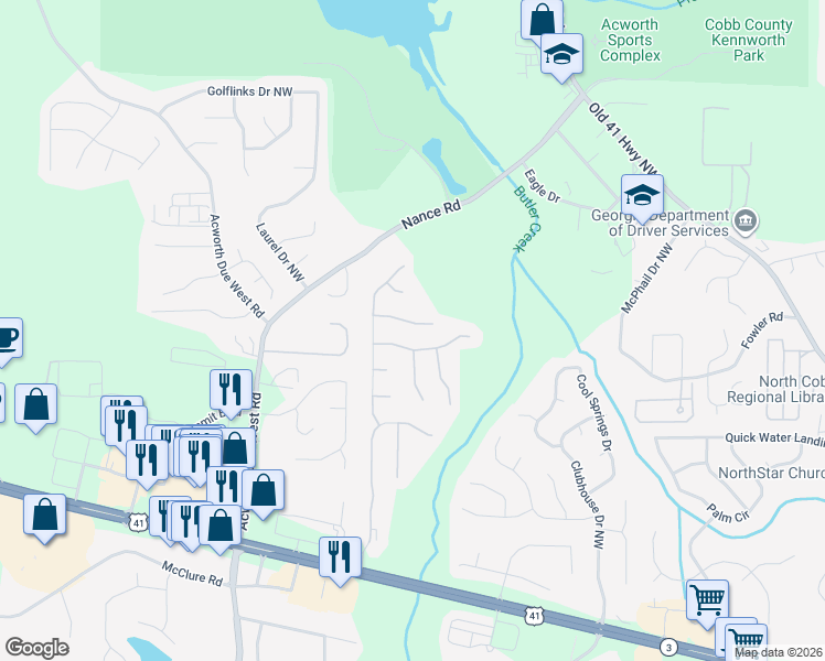 map of restaurants, bars, coffee shops, grocery stores, and more near 379 Darter Run Northwest in Kennesaw
