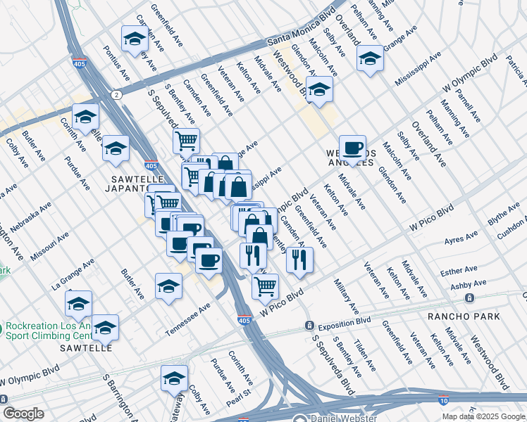 map of restaurants, bars, coffee shops, grocery stores, and more near 2146 South Bentley Avenue in Los Angeles
