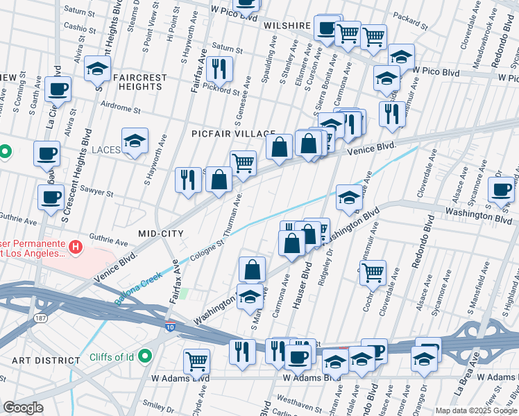 map of restaurants, bars, coffee shops, grocery stores, and more near 1900 Clyde Avenue in Los Angeles