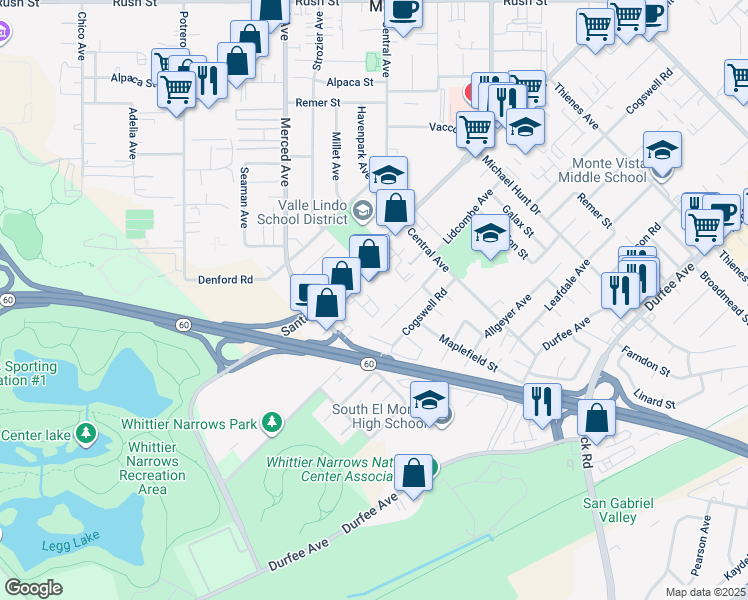 map of restaurants, bars, coffee shops, grocery stores, and more near 10839 Skyline Drive in South El Monte