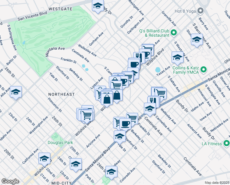 map of restaurants, bars, coffee shops, grocery stores, and more near 3223 Wilshire Boulevard in Santa Monica