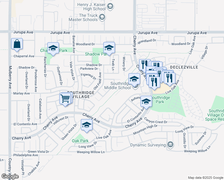 map of restaurants, bars, coffee shops, grocery stores, and more near 14375 Green Vista Drive in Fontana