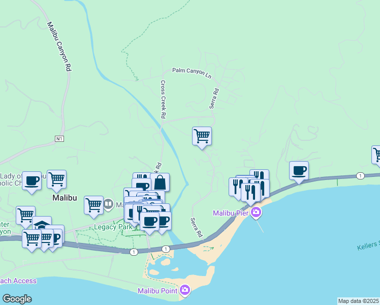 map of restaurants, bars, coffee shops, grocery stores, and more near 3611 Serra Road in Malibu