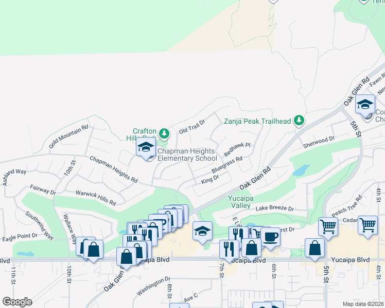 map of restaurants, bars, coffee shops, grocery stores, and more near 33786 McKenny Place in Yucaipa
