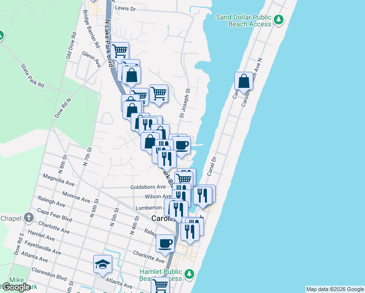map of restaurants, bars, coffee shops, grocery stores, and more near 901 Yacht Rd in Carolina Beach