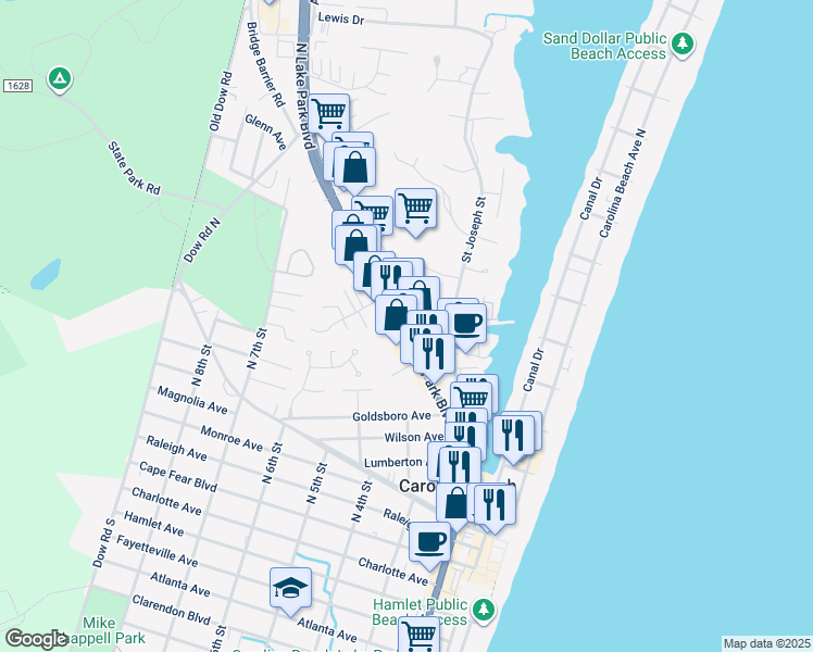 map of restaurants, bars, coffee shops, grocery stores, and more near 811 N Lake Park Blvd in Carolina Beach