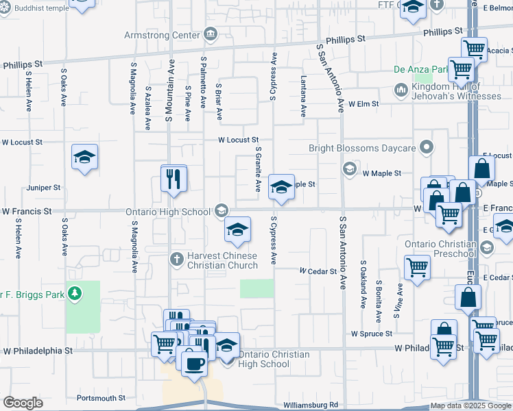 map of restaurants, bars, coffee shops, grocery stores, and more near 831 West Ashland Street in Ontario