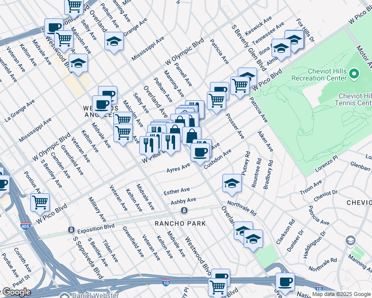 map of restaurants, bars, coffee shops, grocery stores, and more near 2443 Overland Avenue in Los Angeles