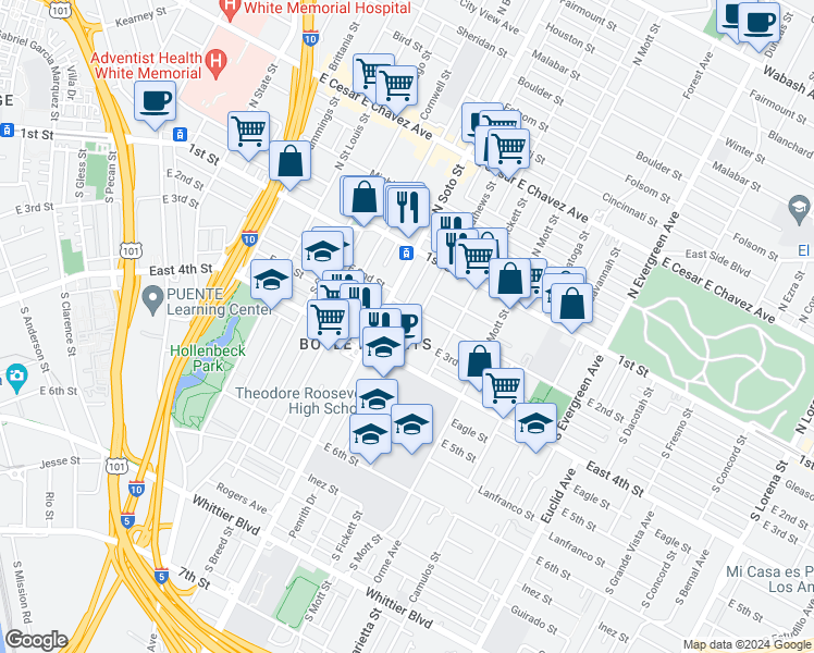 map of restaurants, bars, coffee shops, grocery stores, and more near 2431 East 3rd Street in Los Angeles