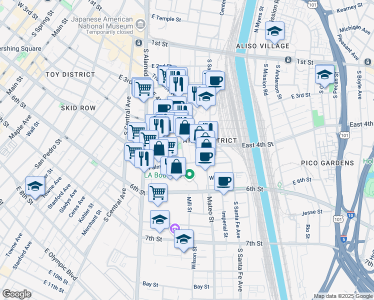 map of restaurants, bars, coffee shops, grocery stores, and more near 530 South Hewitt Street in Los Angeles