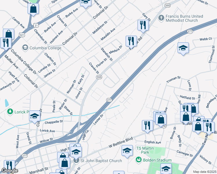 map of restaurants, bars, coffee shops, grocery stores, and more near 162 Burton Heights Circle in Columbia