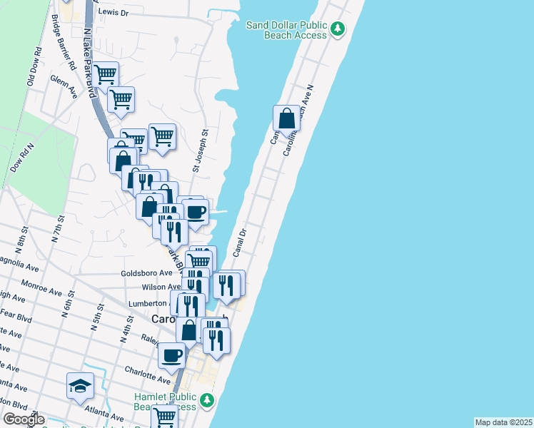 map of restaurants, bars, coffee shops, grocery stores, and more near 1112-2 Carolina Beach Avenue North in Carolina Beach