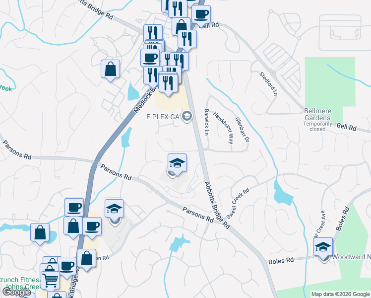 map of restaurants, bars, coffee shops, grocery stores, and more near 250 Abbotts Mill Drive in Duluth