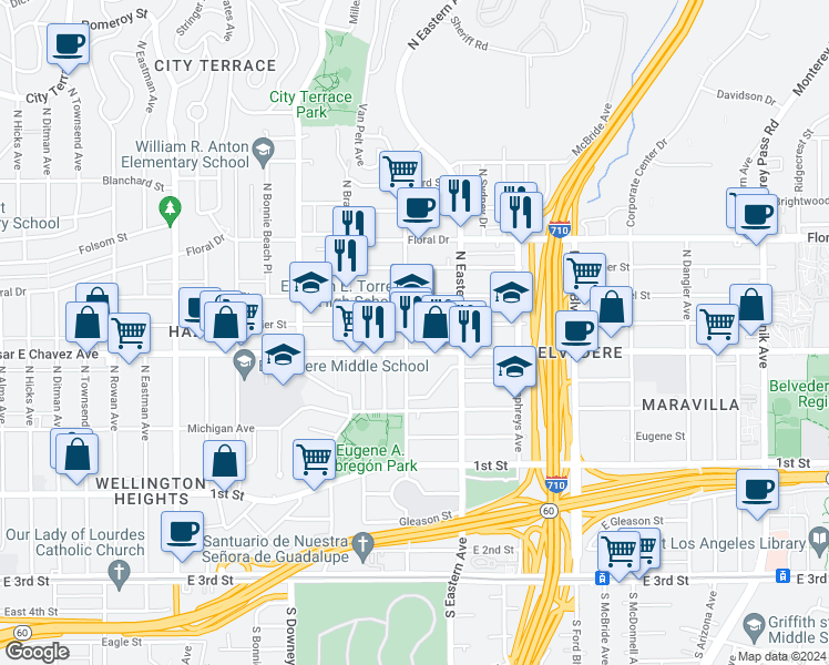 map of restaurants, bars, coffee shops, grocery stores, and more near 4208 Dozier Street in Los Angeles