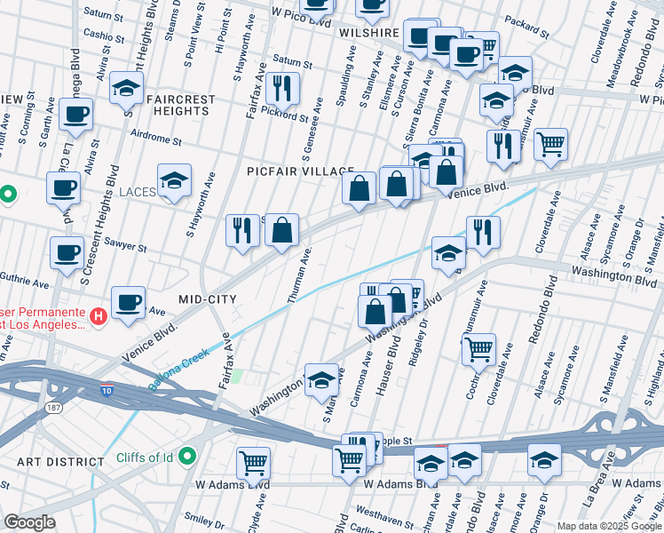 map of restaurants, bars, coffee shops, grocery stores, and more near 1900 Clyde Avenue in Los Angeles