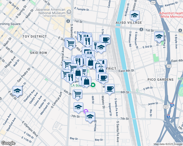 map of restaurants, bars, coffee shops, grocery stores, and more near 530 South Hewitt Street in Los Angeles