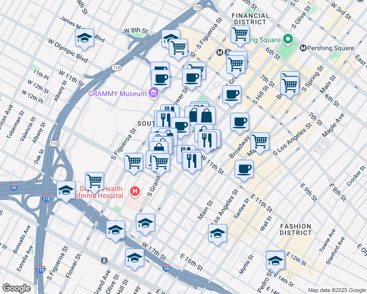 map of restaurants, bars, coffee shops, grocery stores, and more near 1150 South Grand Avenue in Los Angeles