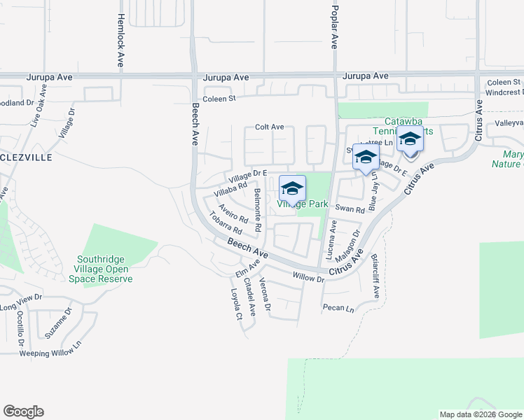 map of restaurants, bars, coffee shops, grocery stores, and more near 15516 Villa Del Rio Road in Fontana