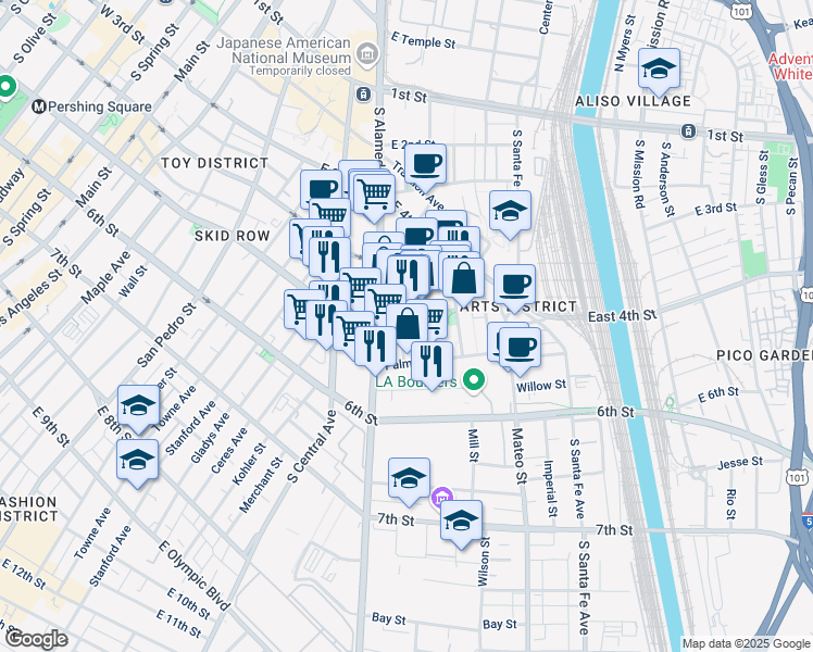 map of restaurants, bars, coffee shops, grocery stores, and more near 516 Alameda Street in Los Angeles
