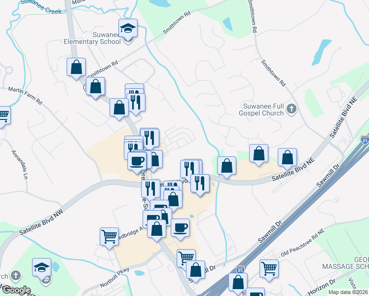 map of restaurants, bars, coffee shops, grocery stores, and more near 99 Privet Circle in Suwanee