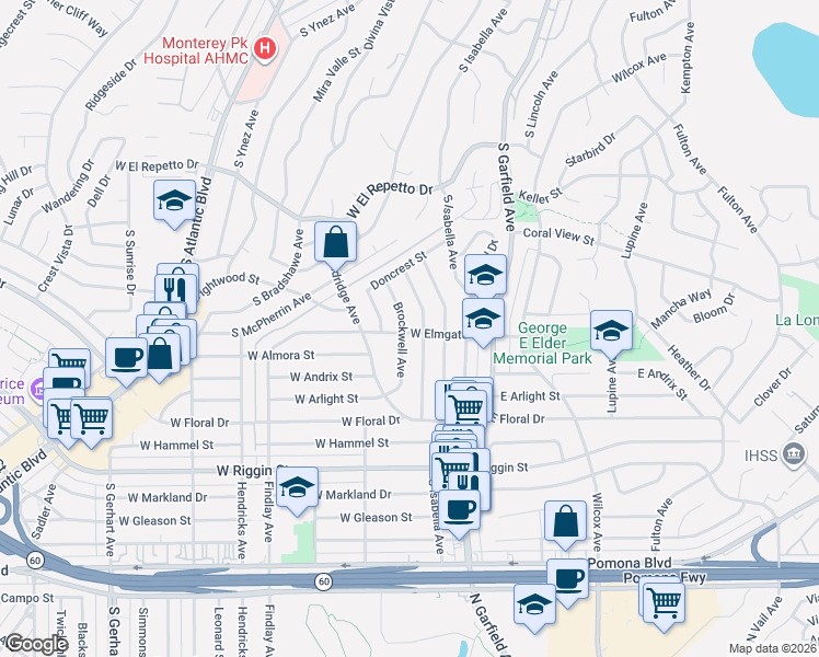 map of restaurants, bars, coffee shops, grocery stores, and more near 2000 Brockwell Avenue in Monterey Park