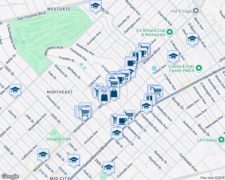 map of restaurants, bars, coffee shops, grocery stores, and more near 3223 Wilshire Boulevard in Santa Monica