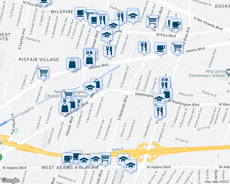 map of restaurants, bars, coffee shops, grocery stores, and more near 5218 Washington Boulevard in Los Angeles