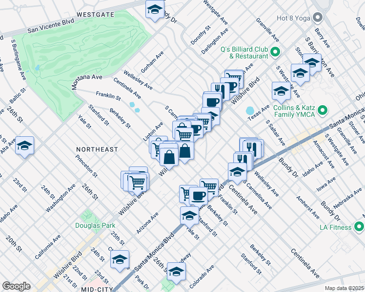 map of restaurants, bars, coffee shops, grocery stores, and more near 3223 Wilshire Boulevard in Santa Monica