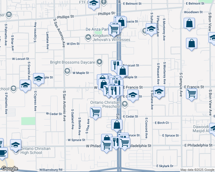 map of restaurants, bars, coffee shops, grocery stores, and more near 208 West Francis Street in Ontario