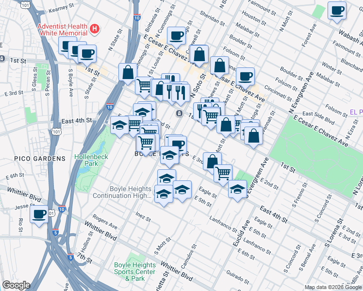 map of restaurants, bars, coffee shops, grocery stores, and more near 219 South Mathews Street in Los Angeles