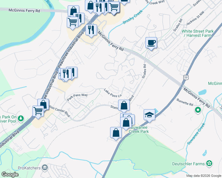 map of restaurants, bars, coffee shops, grocery stores, and more near 3866 Lake Pass Point in Suwanee