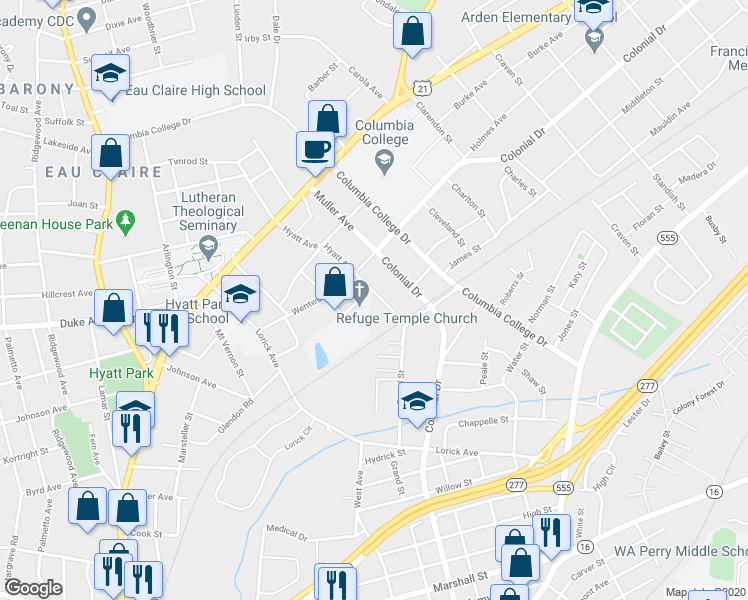 map of restaurants, bars, coffee shops, grocery stores, and more near 1516 Hyatt Avenue in Columbia