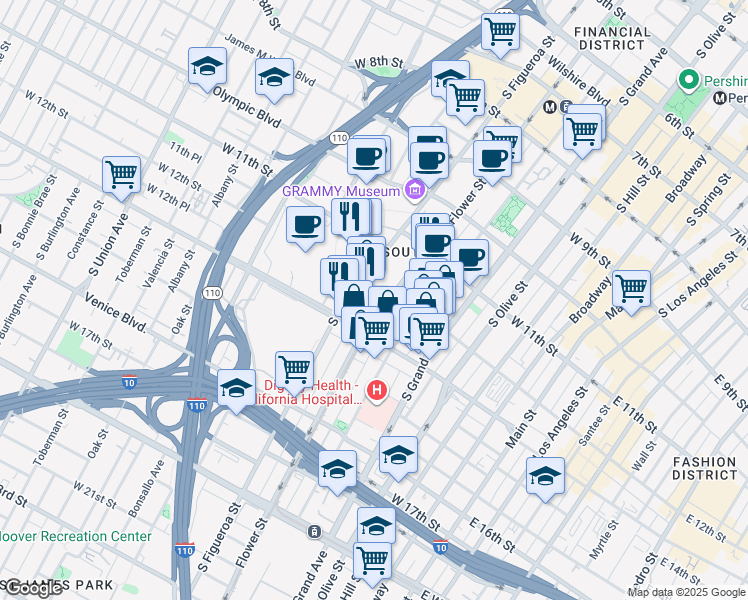 map of restaurants, bars, coffee shops, grocery stores, and more near 1200 South Figueroa Street in Los Angeles