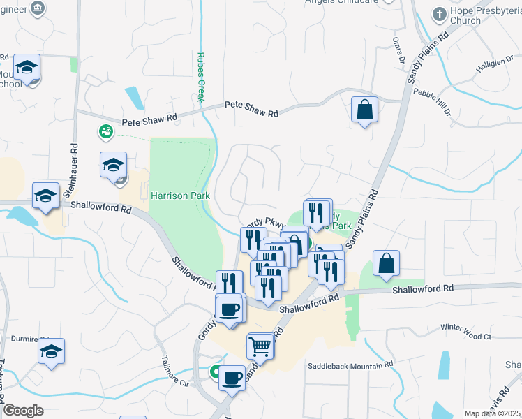 map of restaurants, bars, coffee shops, grocery stores, and more near 3909 Upland Way in Marietta