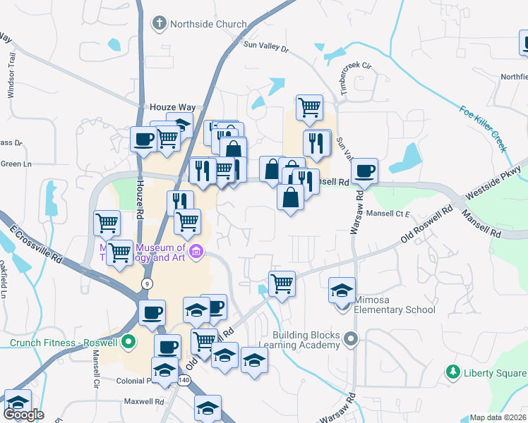map of restaurants, bars, coffee shops, grocery stores, and more near 308 Roswell Commons Circle in Roswell