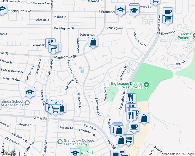 map of restaurants, bars, coffee shops, grocery stores, and more near 1819 Molokai Street in West Covina